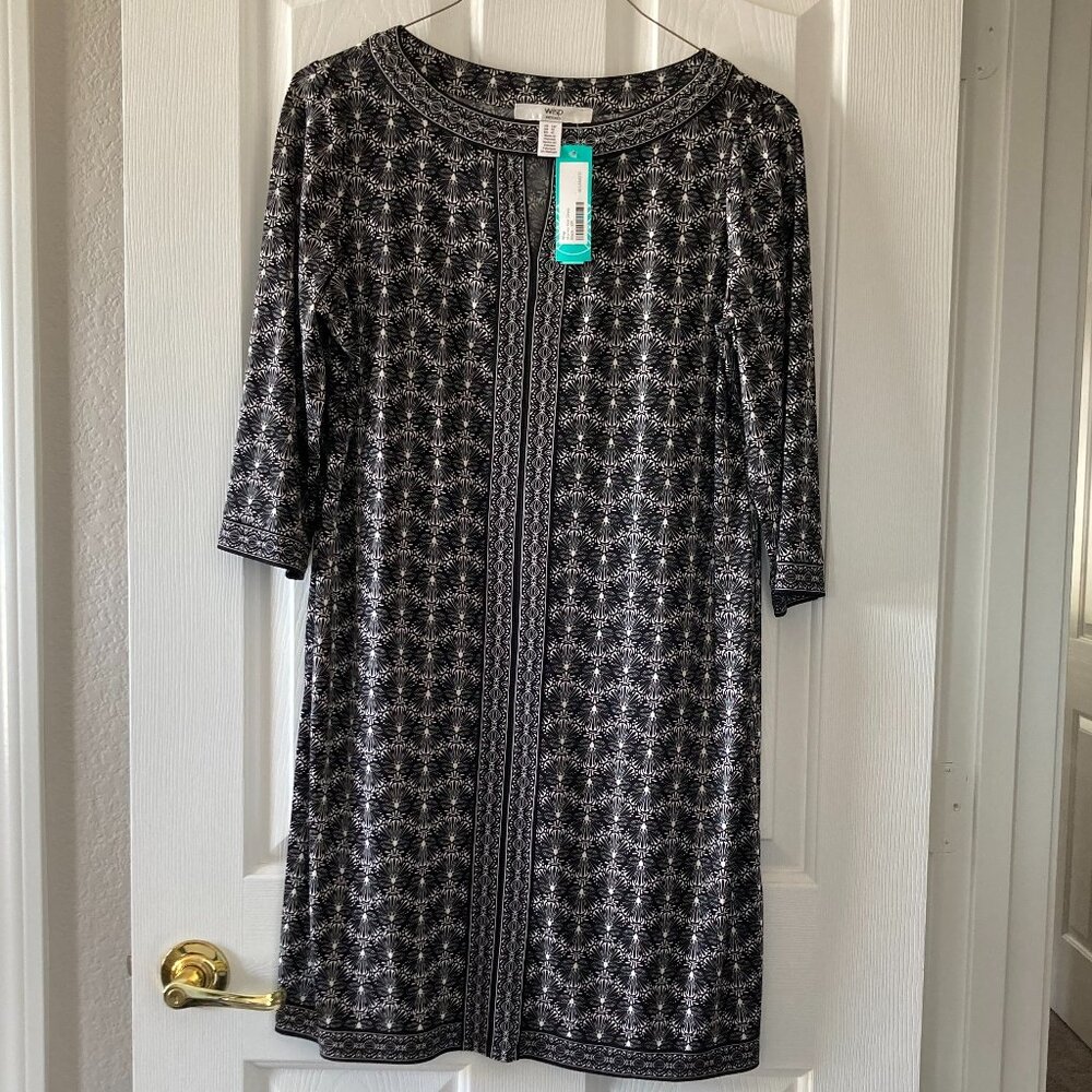 Wisp Black White Floral Geometric Stretch Keyhole Neck Shift Dress Size 12P-NWT